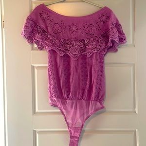 NWT Free People Crochet Open-Back Body Suit, S, Rose
